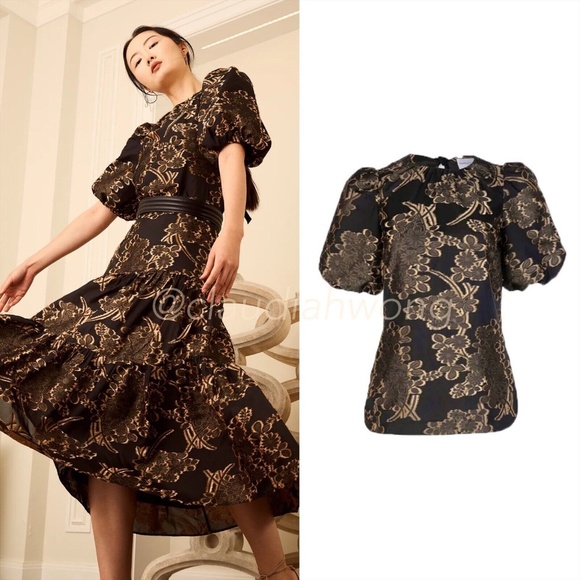 CHARLOTTE BRODY Snow Drop Silk Puff Sleeve Top in Golden Blossom Fil Coupe Black - Picture 12 of 12